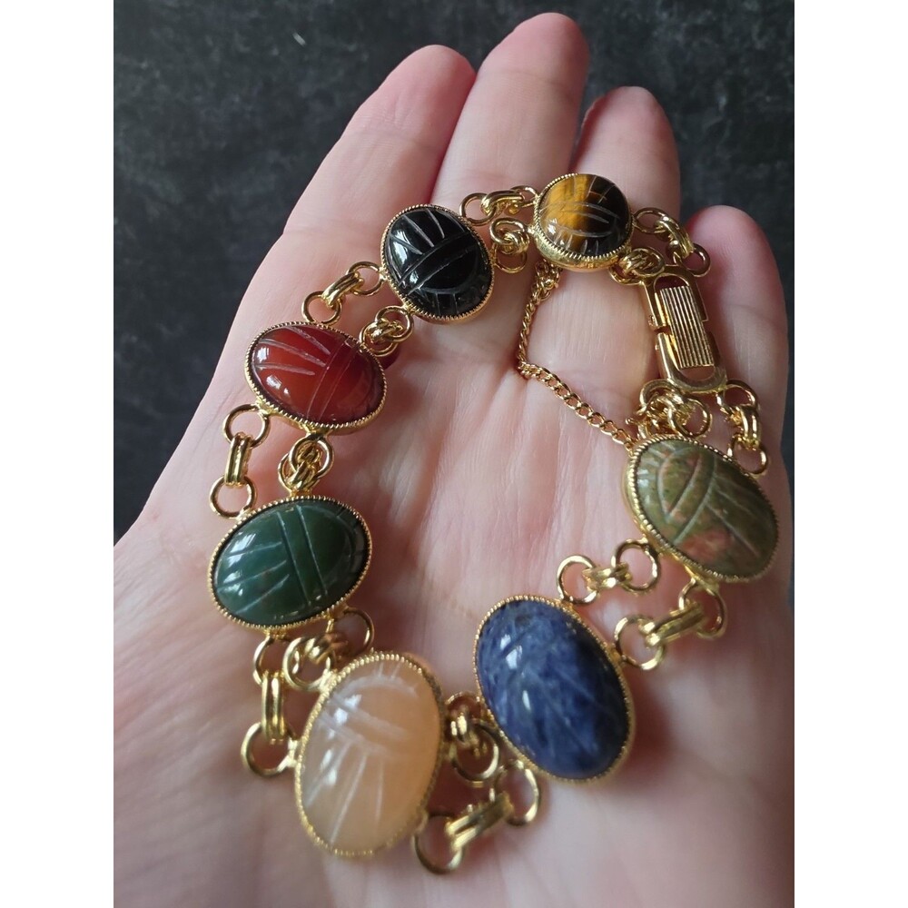 Gold Tone Metal Scarab Gemstone Chain Bracelet Vintage Costume Jewelry
